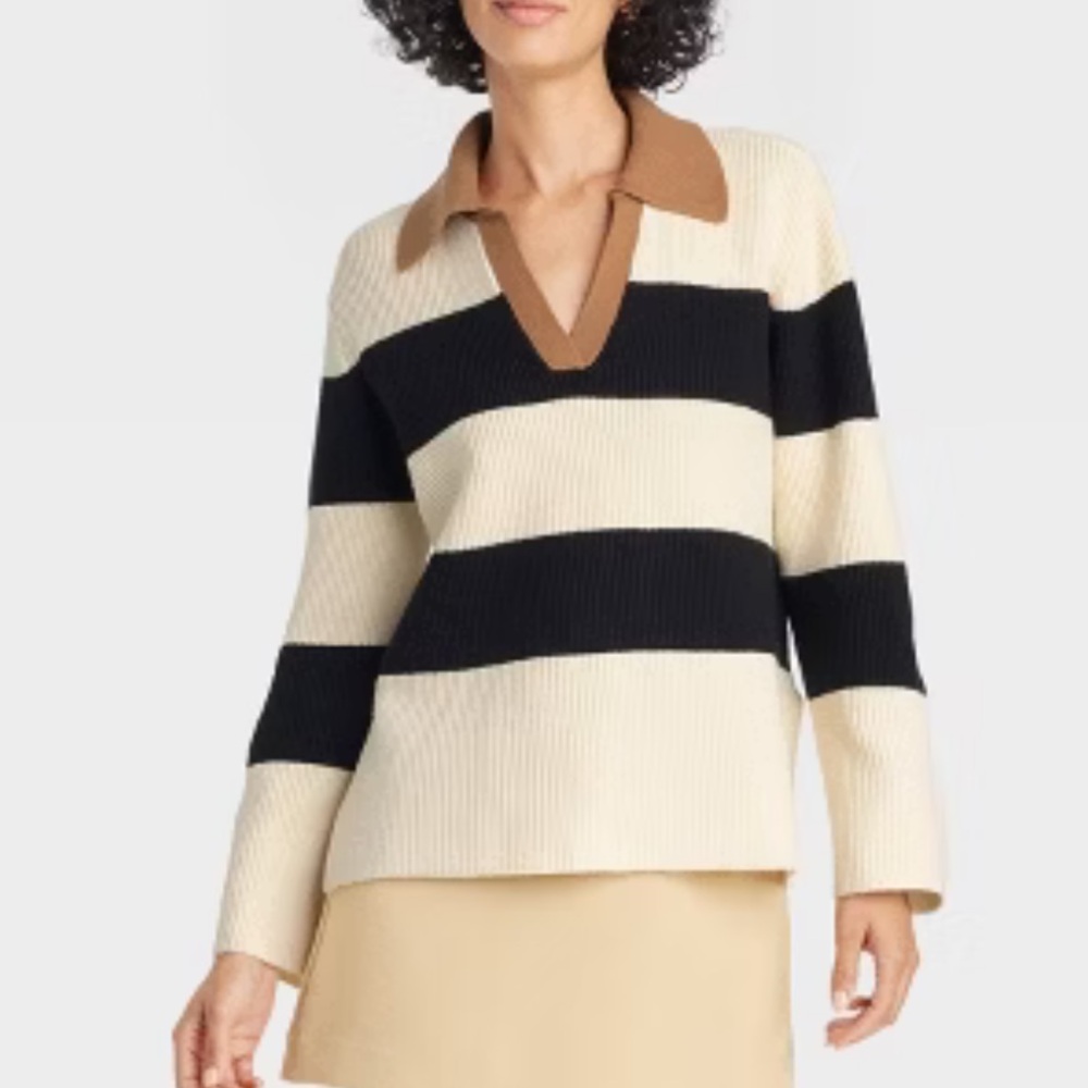 a new day Women's Black and Cream Striped Sweater